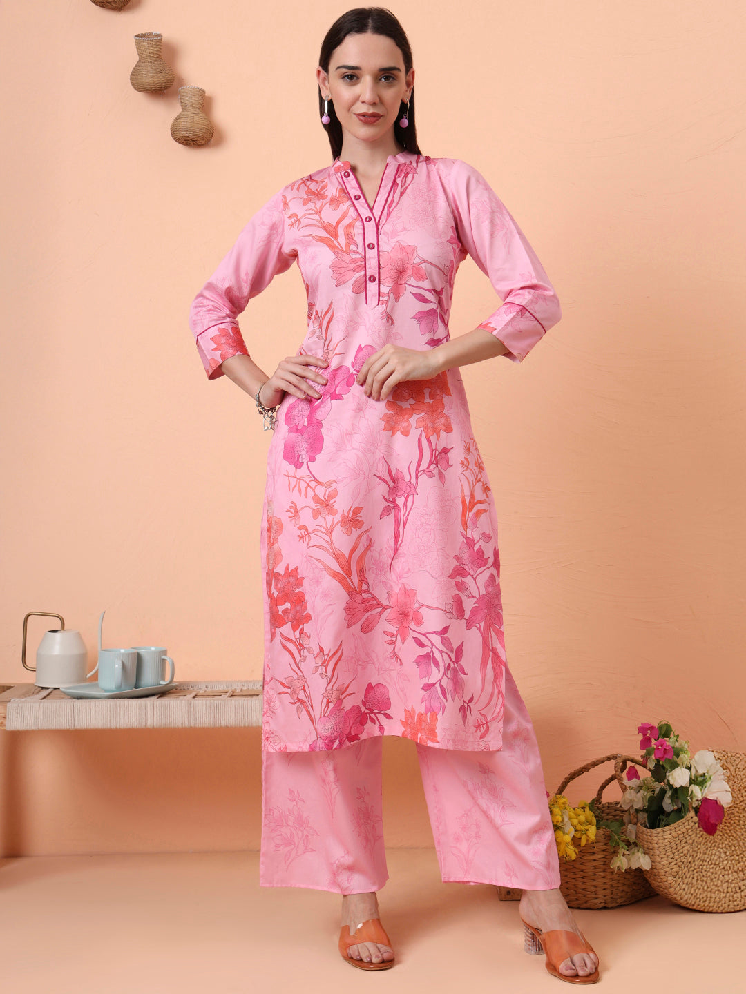Women Cotton Satin Pink Floral Printed Kurta with Palazzo