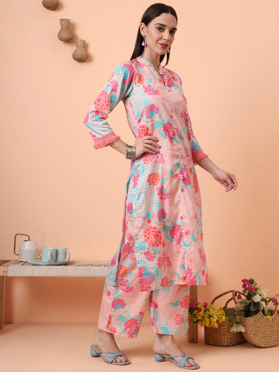 Women Cotton Satin Peach Floral Printed Kurta with Palazzo
