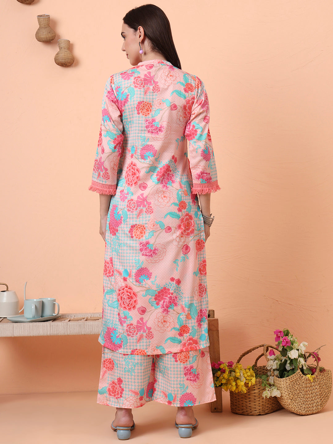 Women Cotton Satin Peach Floral Printed Kurta with Palazzo