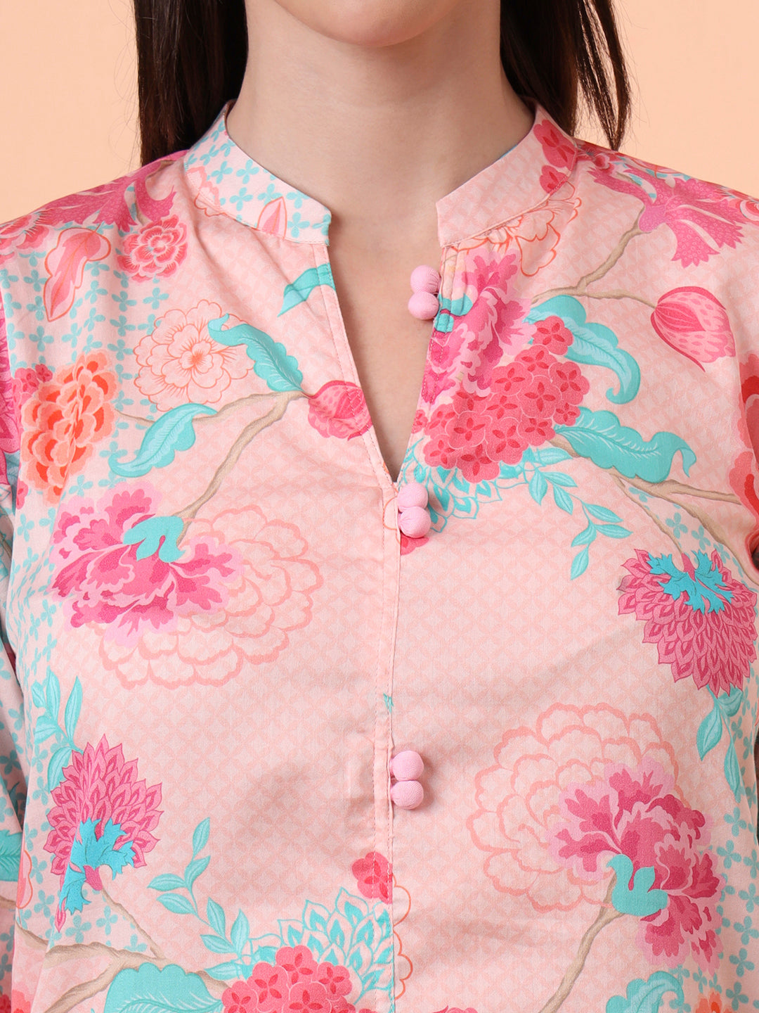 Women Cotton Satin Peach Floral Printed Kurta with Palazzo