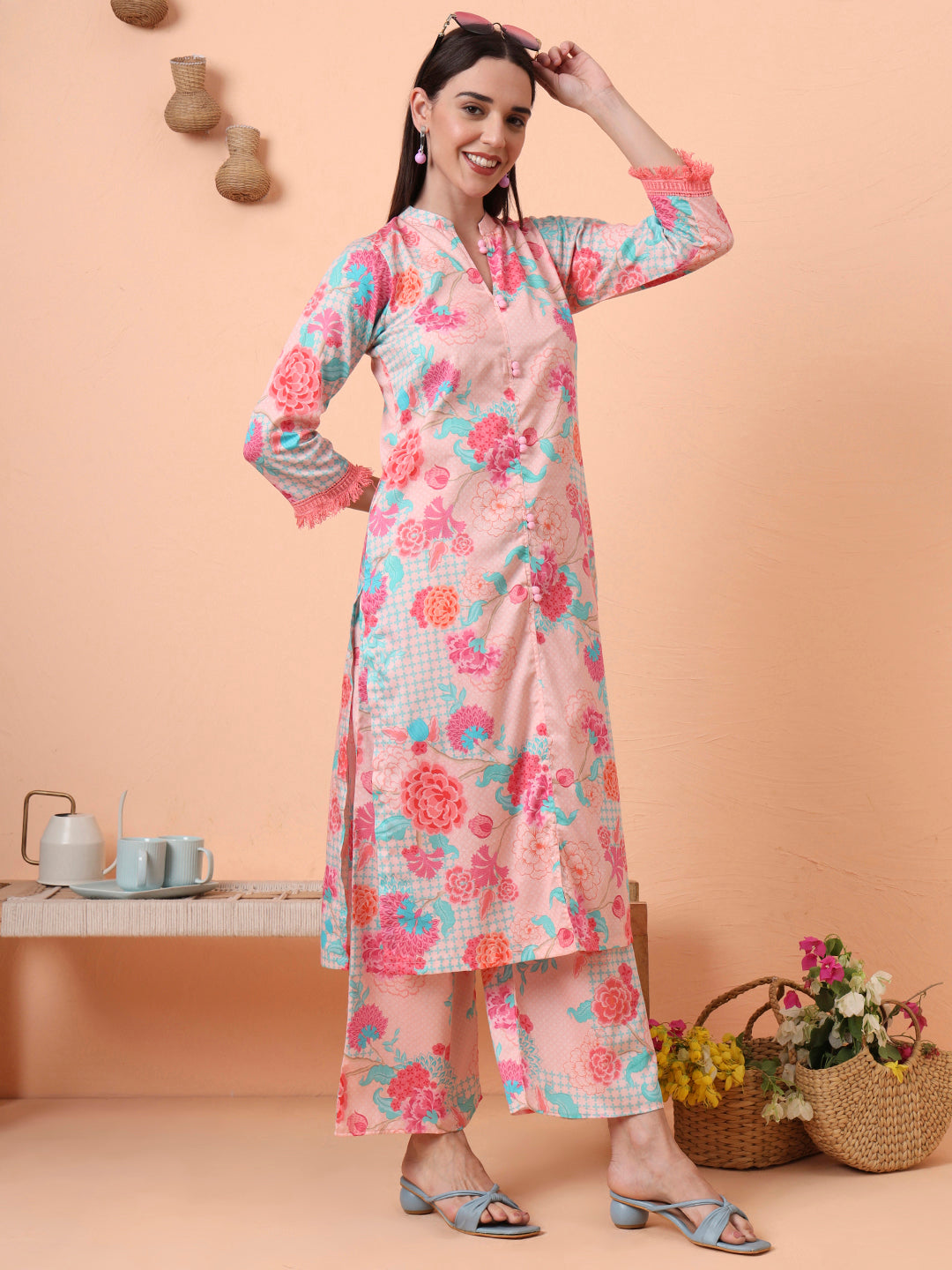Women Cotton Satin Peach Floral Printed Kurta with Palazzo