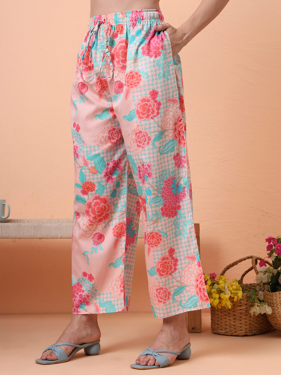 Women Cotton Satin Peach Floral Printed Kurta with Palazzo