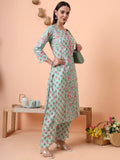 Women Pure Cotton Green Floral Printed Kurta with Palazzo