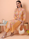 Women Pure Cotton Yellow Floral Printed Kurta with Palazzo