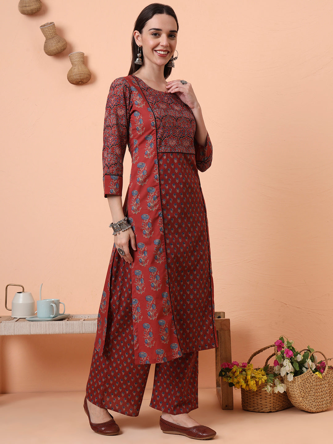 Women Pure Cotton Maroon Printed Kurta & Palazzo with Dupatta
