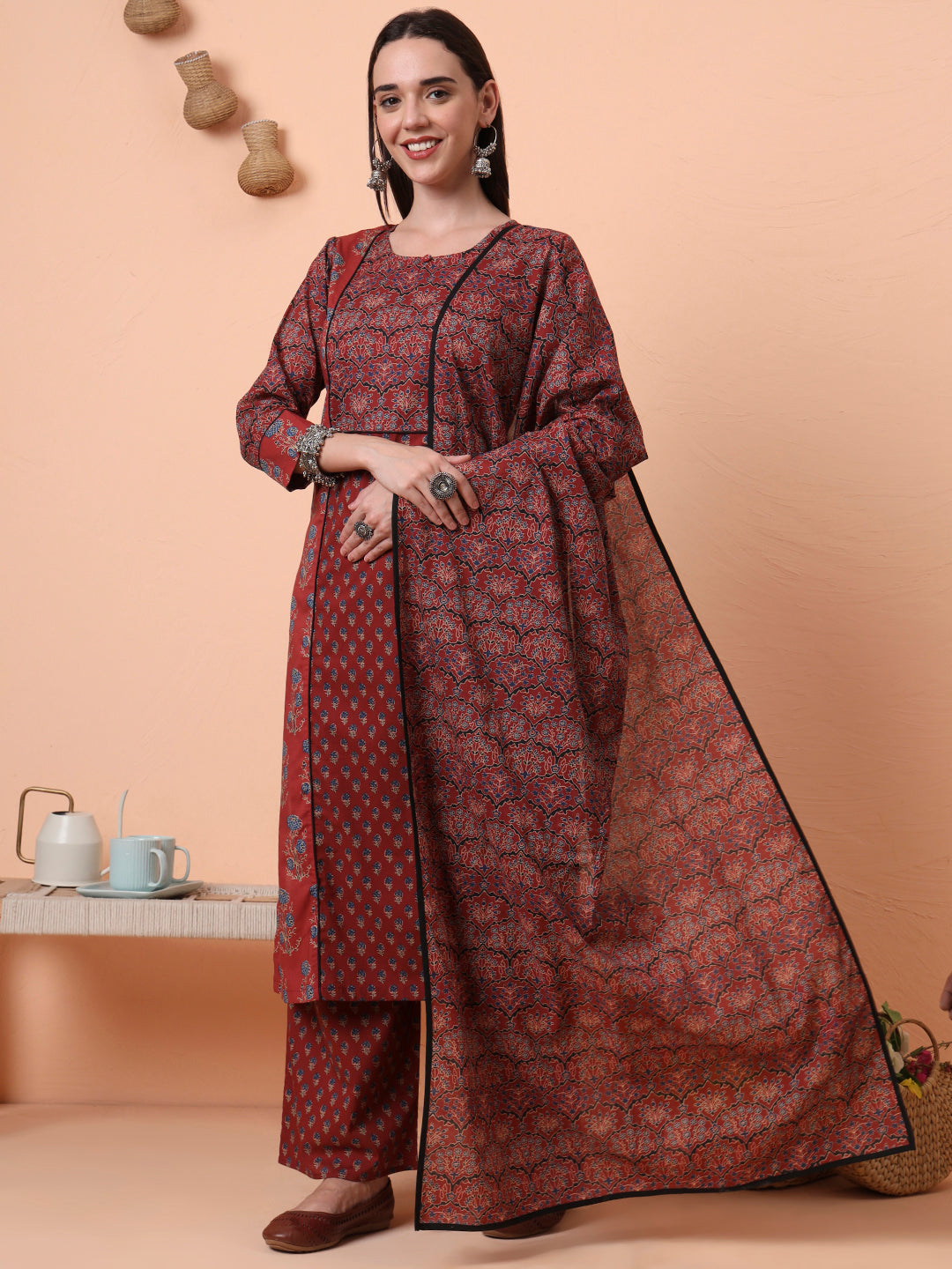 Women Pure Cotton Maroon Printed Kurta & Palazzo with Dupatta