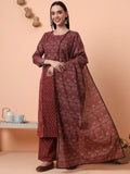 Women Pure Cotton Maroon Printed Kurta & Palazzo with Dupatta