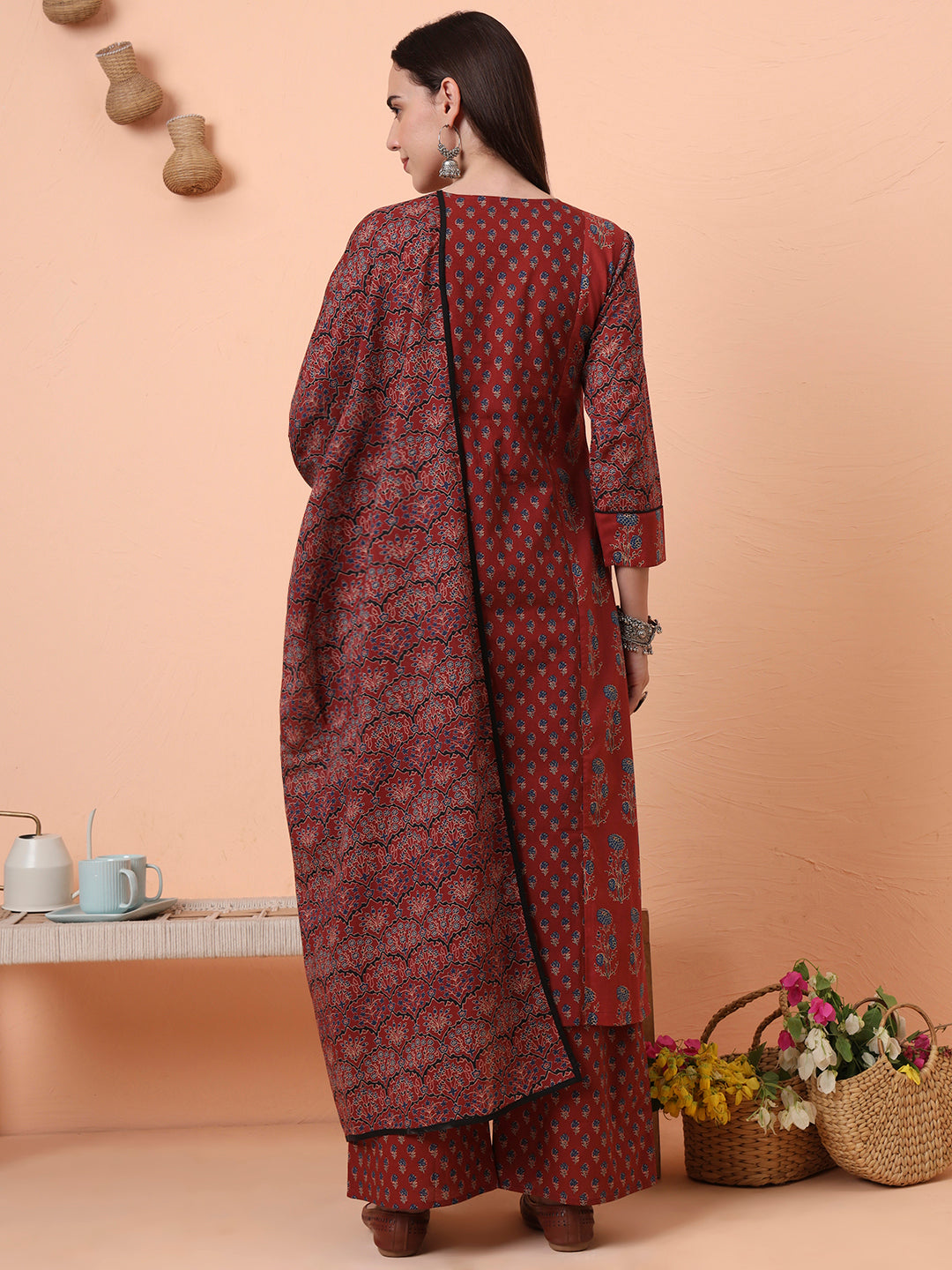 Women Pure Cotton Maroon Printed Kurta & Palazzo with Dupatta