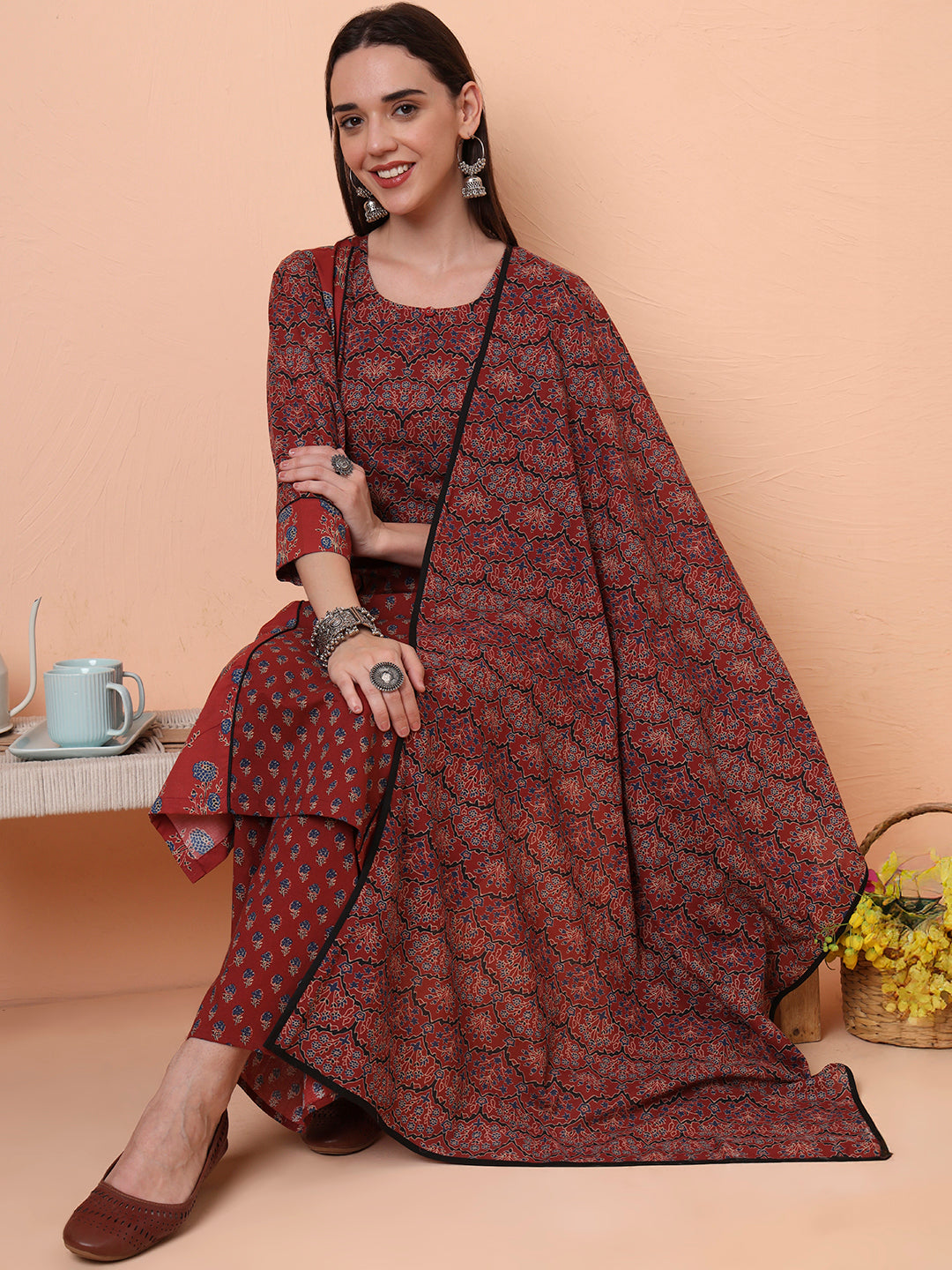 Women Pure Cotton Maroon Printed Kurta & Palazzo with Dupatta