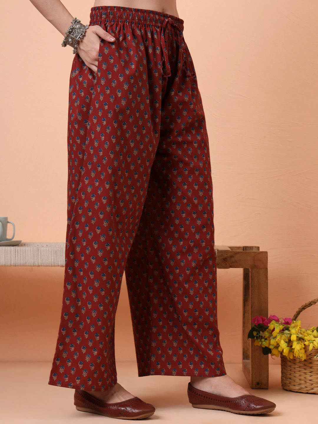 Women Pure Cotton Maroon Printed Kurta & Palazzo with Dupatta