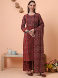 Women Pure Cotton Maroon Printed Kurta & Palazzo with Dupatta