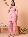Women Rayon Pink Floral Printed Tunic with Palazzo Co-ord Set