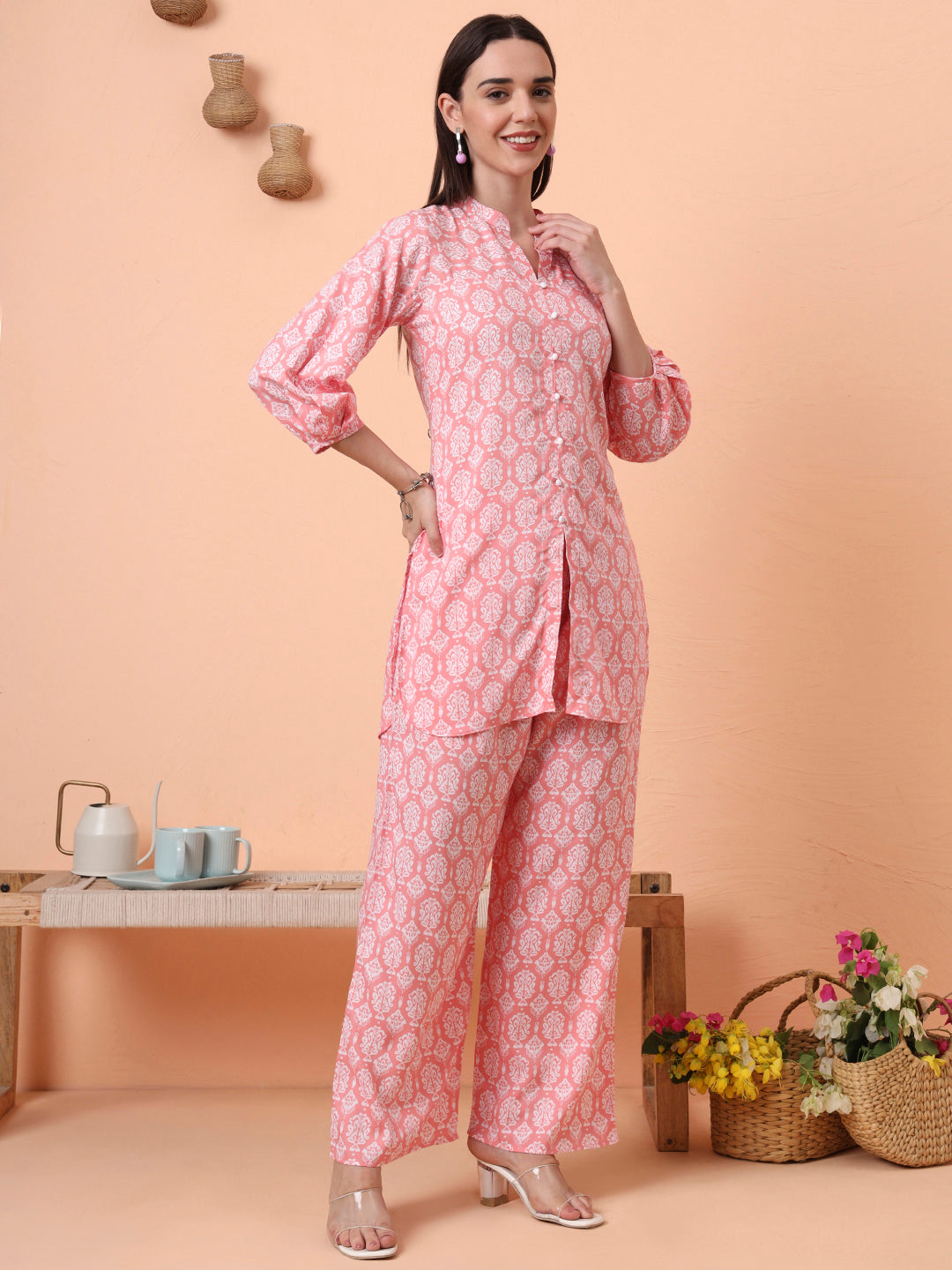Women Rayon Pink Floral Printed Tunic with Palazzo Co-ord Set