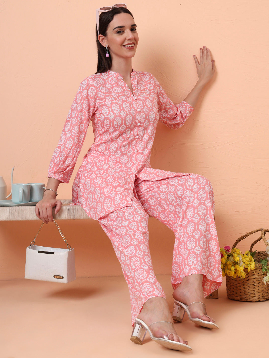 Women Rayon Pink Floral Printed Tunic with Palazzo Co-ord Set