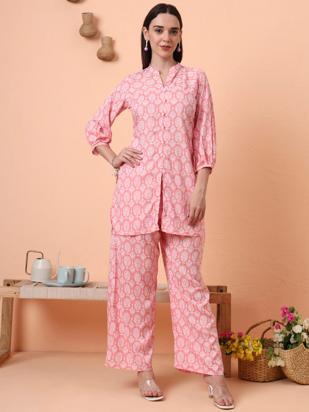 Women Rayon Pink Floral Printed Tunic with Palazzo Co-ord Set