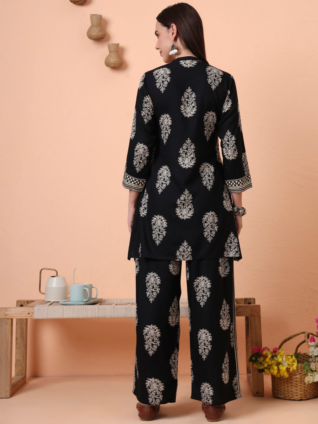 Women Rayon Black Printed Tunic with Palazzo Co-ord Set