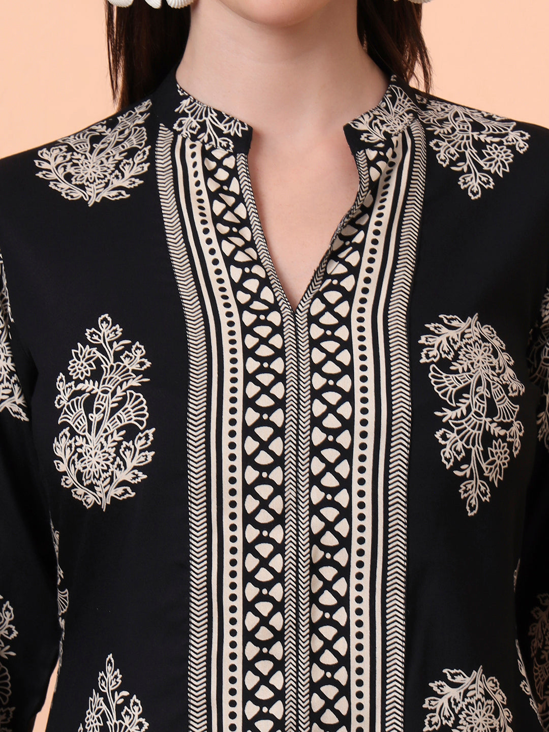 Women Rayon Black Printed Tunic with Palazzo Co-ord Set