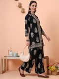 Women Rayon Black Printed Tunic with Palazzo Co-ord Set