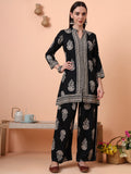 Women Rayon Black Printed Tunic with Palazzo Co-ord Set