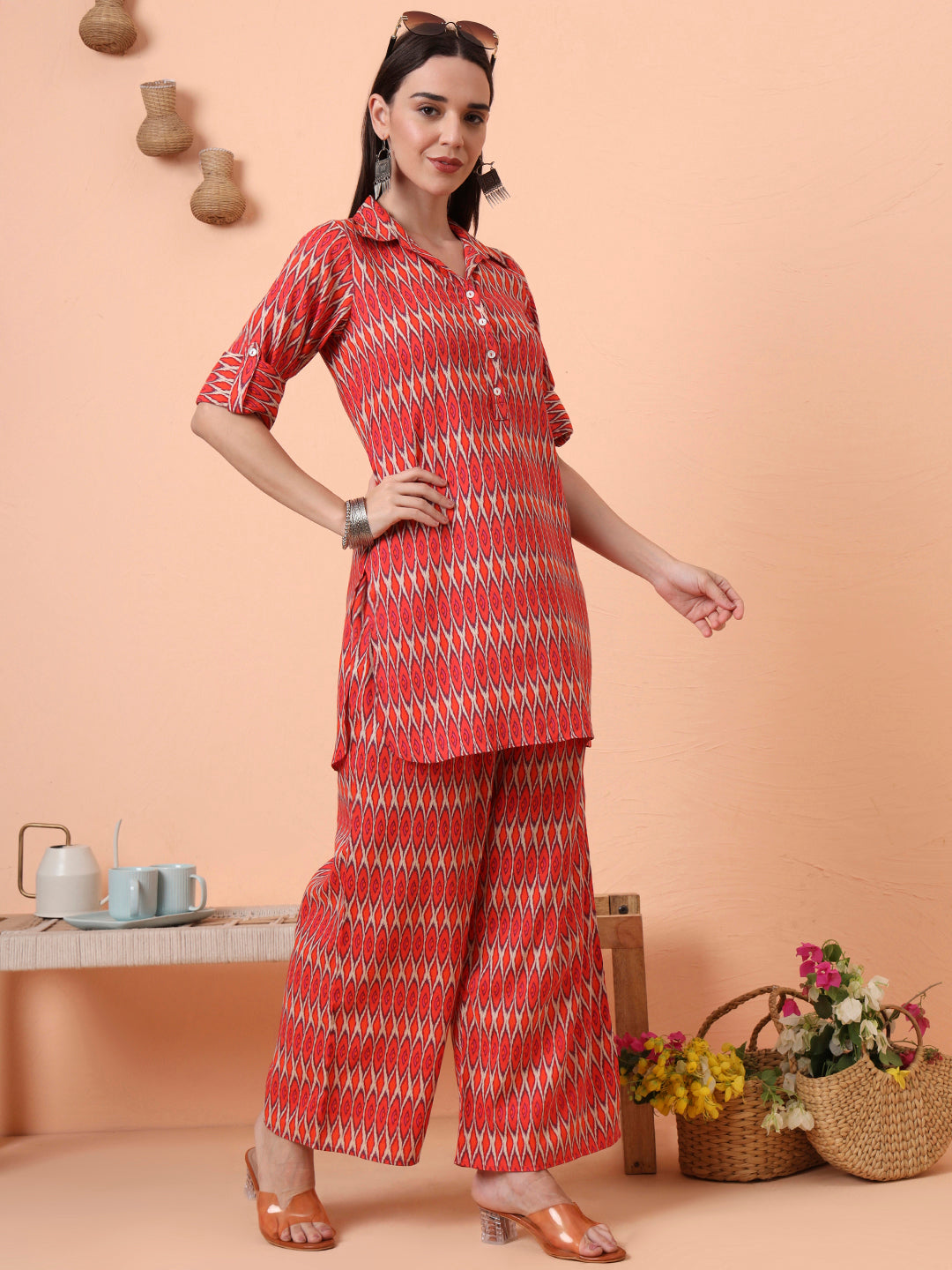 Women Rayon Orange Printed Tunic with Palazzo Co-ord Set
