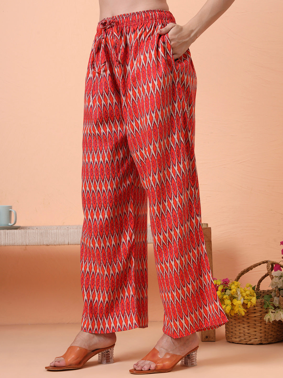 Women Rayon Orange Printed Tunic with Palazzo Co-ord Set