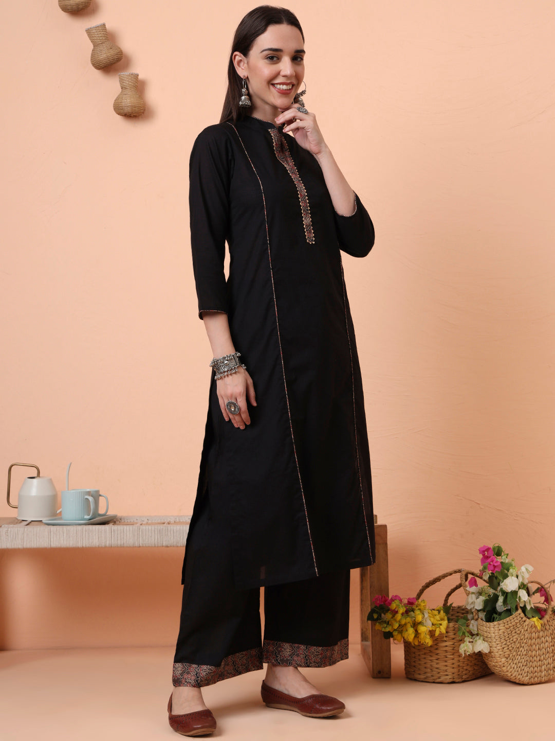 Women Pure Cotton Black Kurta & Palazzo with Printed Dupatta