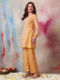 Women Cotton Slub Yellow Floral Printed Kurti with Trousers