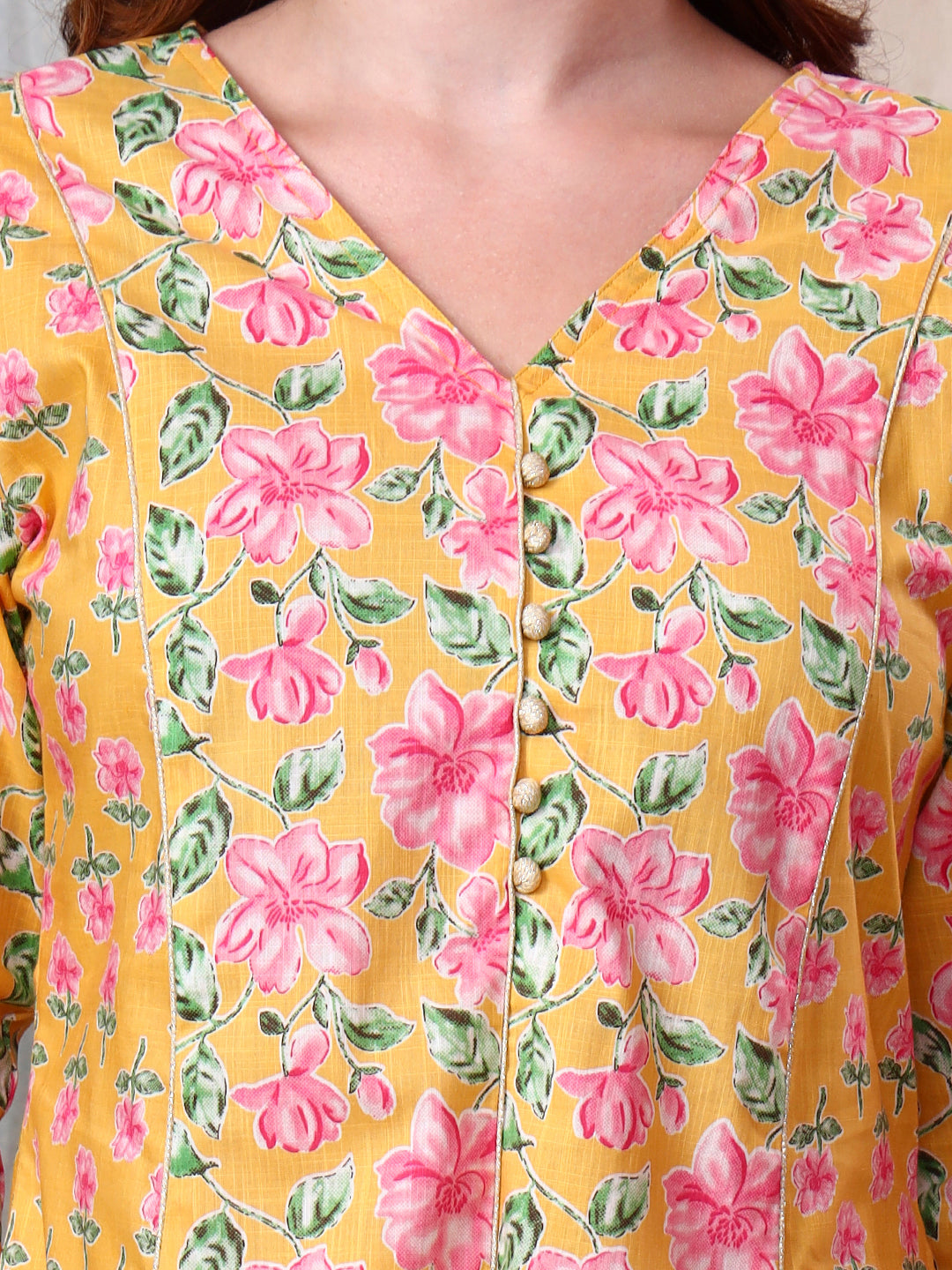 Women Cotton Slub Yellow Floral Printed Kurti with Trousers