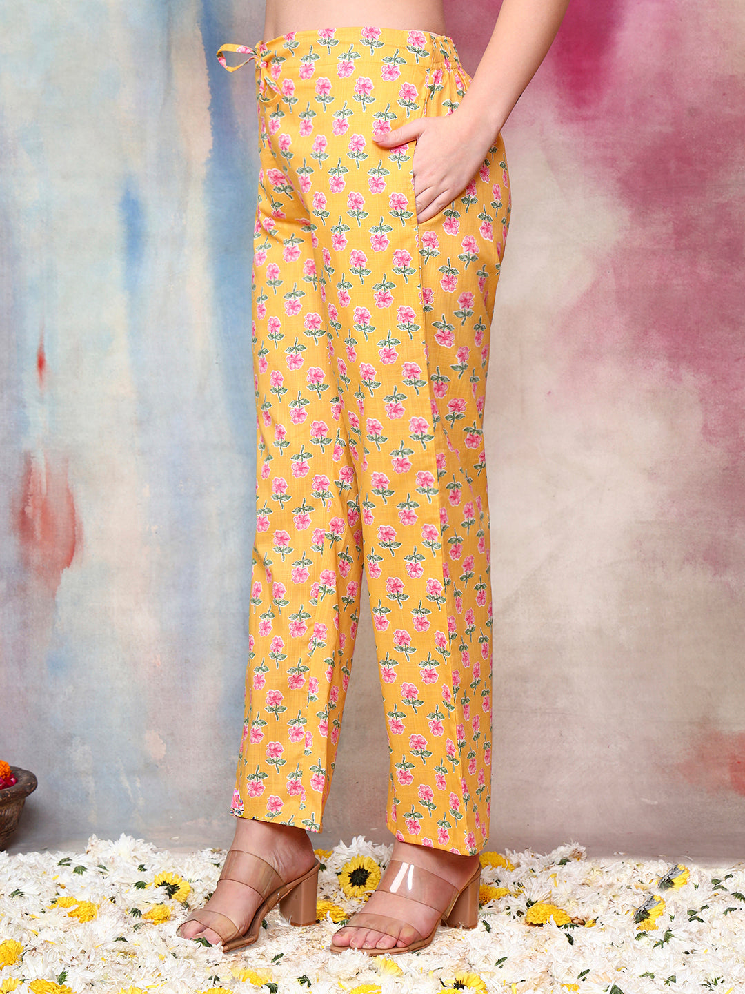 Women Cotton Slub Yellow Floral Printed Kurti with Trousers