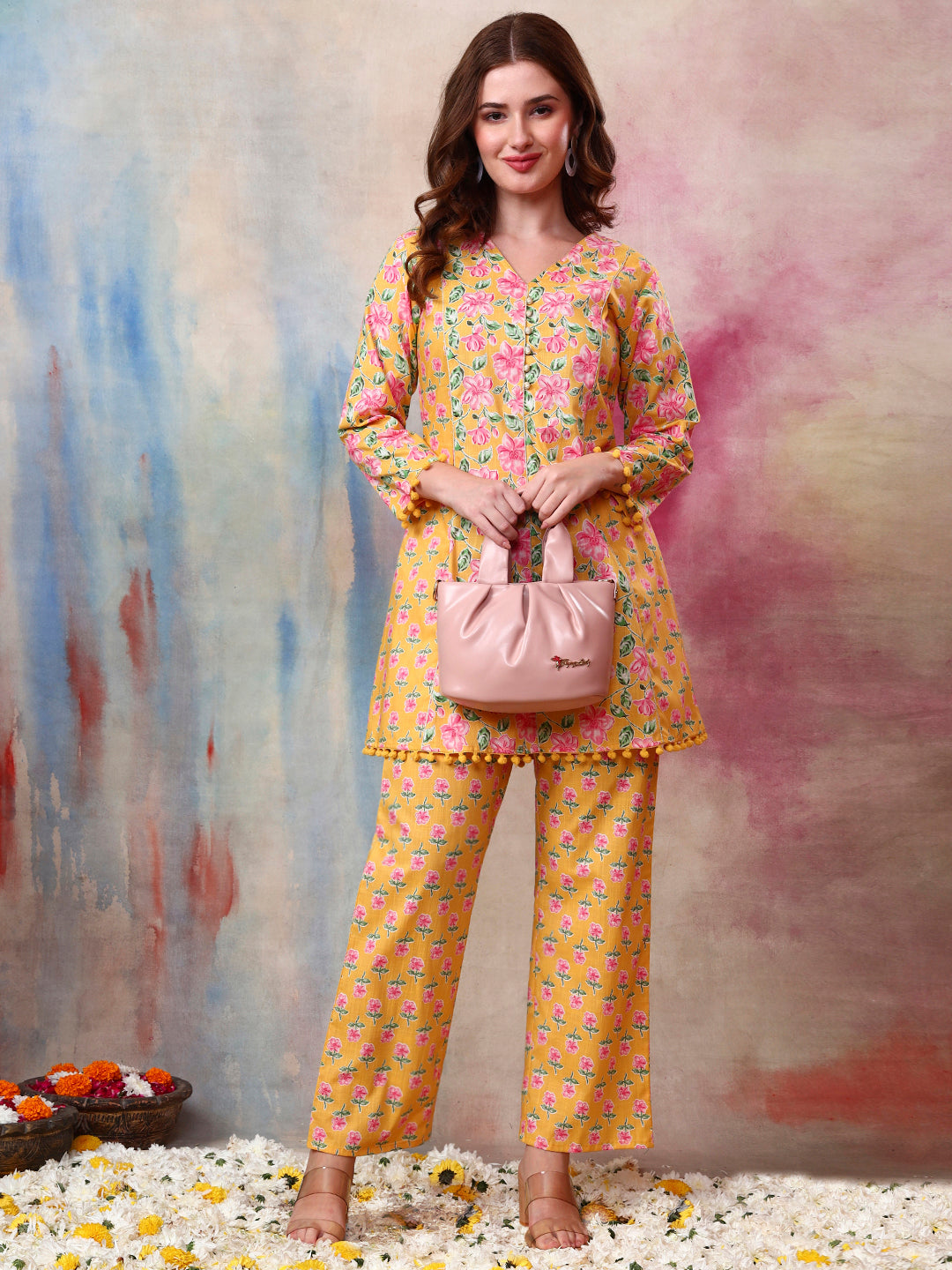 Women Cotton Slub Yellow Floral Printed Kurti with Trousers