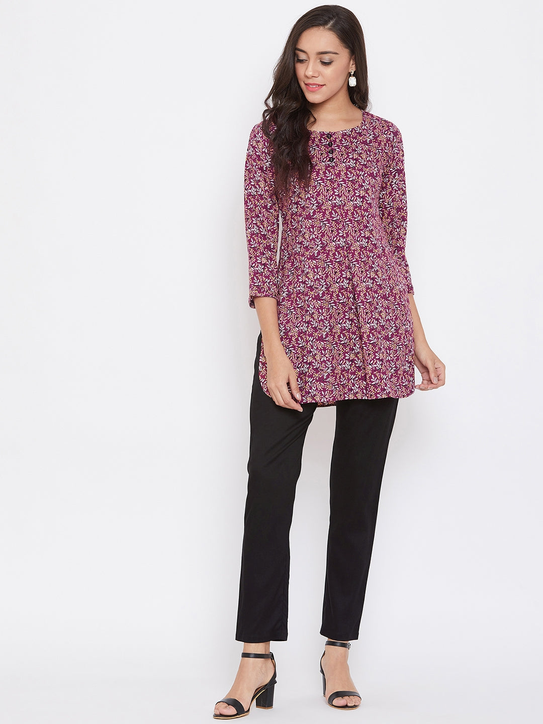 Women Rayon Maroon & White Floral Printed Kurti
