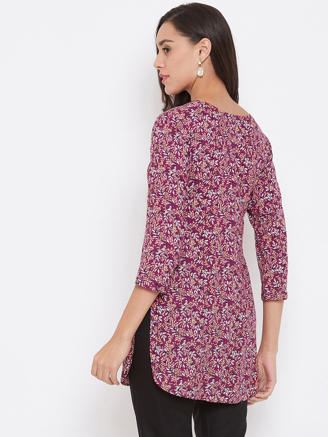 Women Rayon Maroon & White Floral Printed Kurti