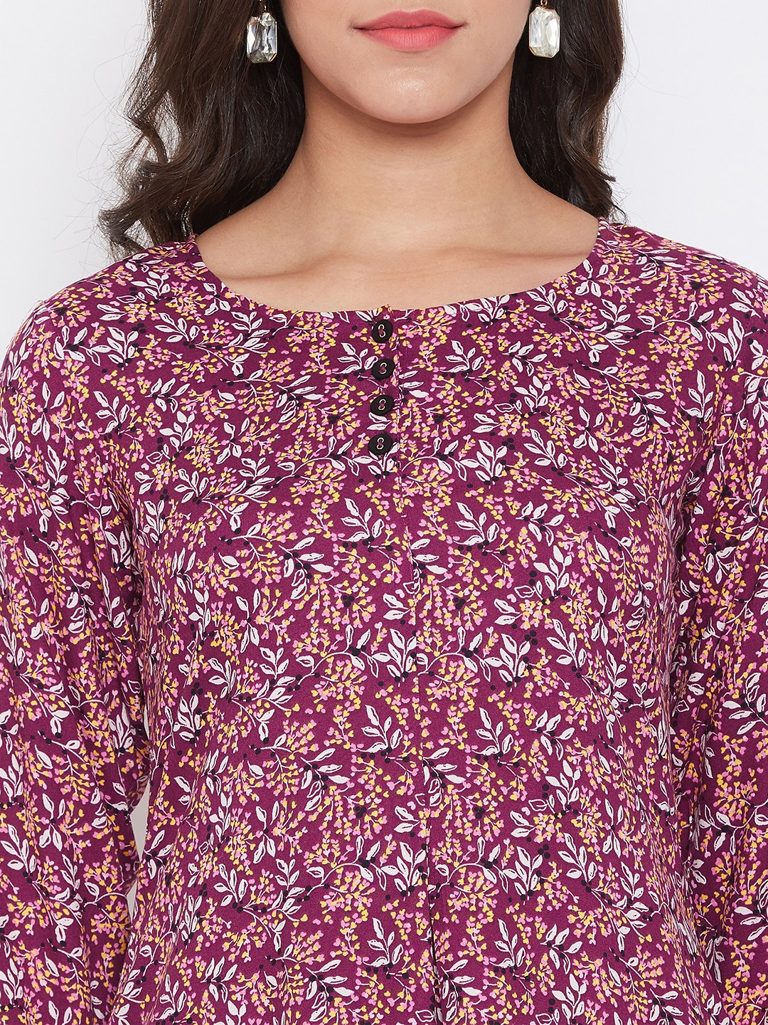 Women Rayon Maroon & White Floral Printed Kurti