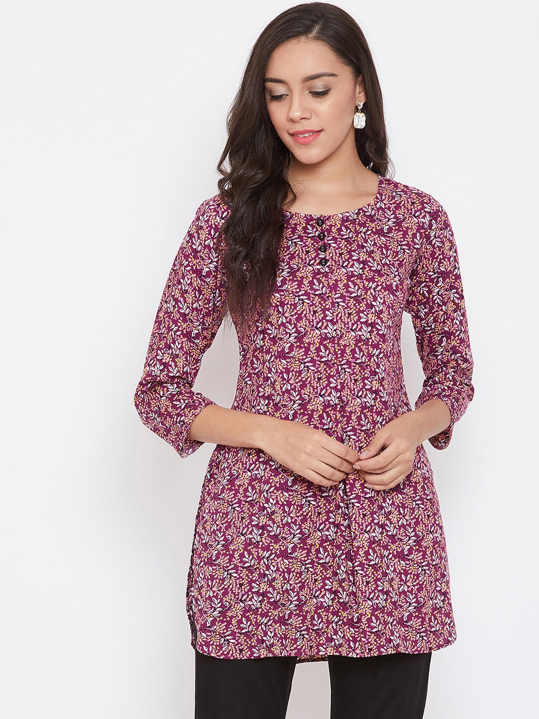 Women Rayon Maroon & White Floral Printed Kurti