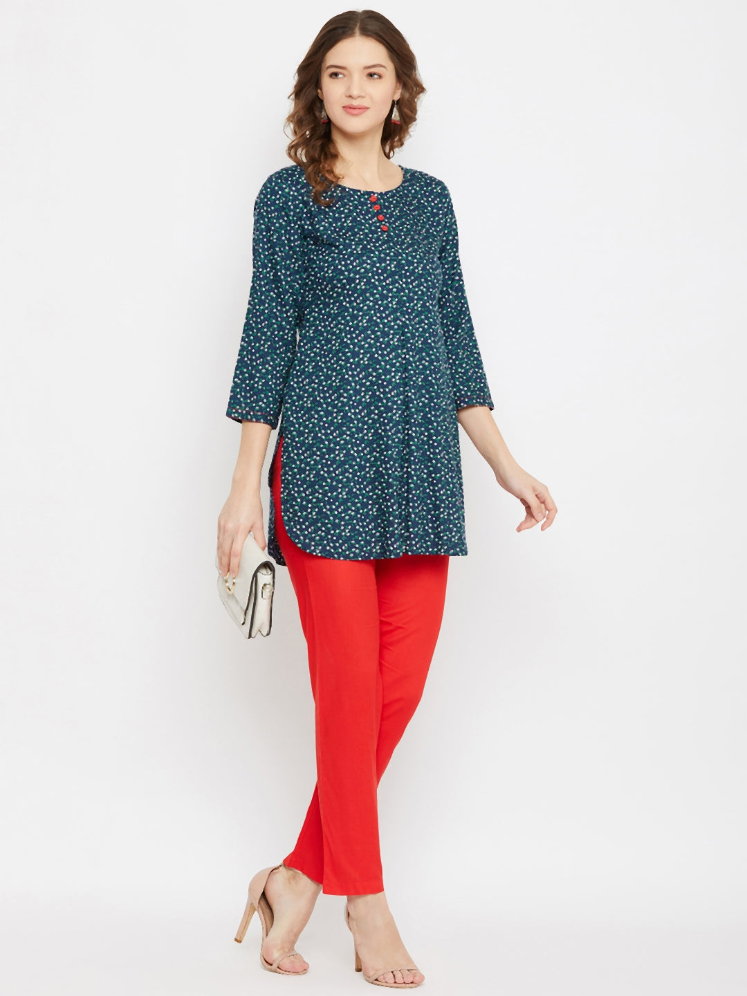 Women Navy Blue & Green Floral Printed Straight Kurti
