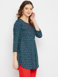 Women Navy Blue & Green Floral Printed Straight Kurti