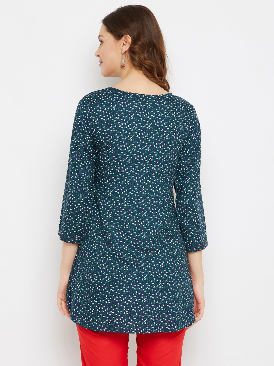 Women Navy Blue & Green Floral Printed Straight Kurti