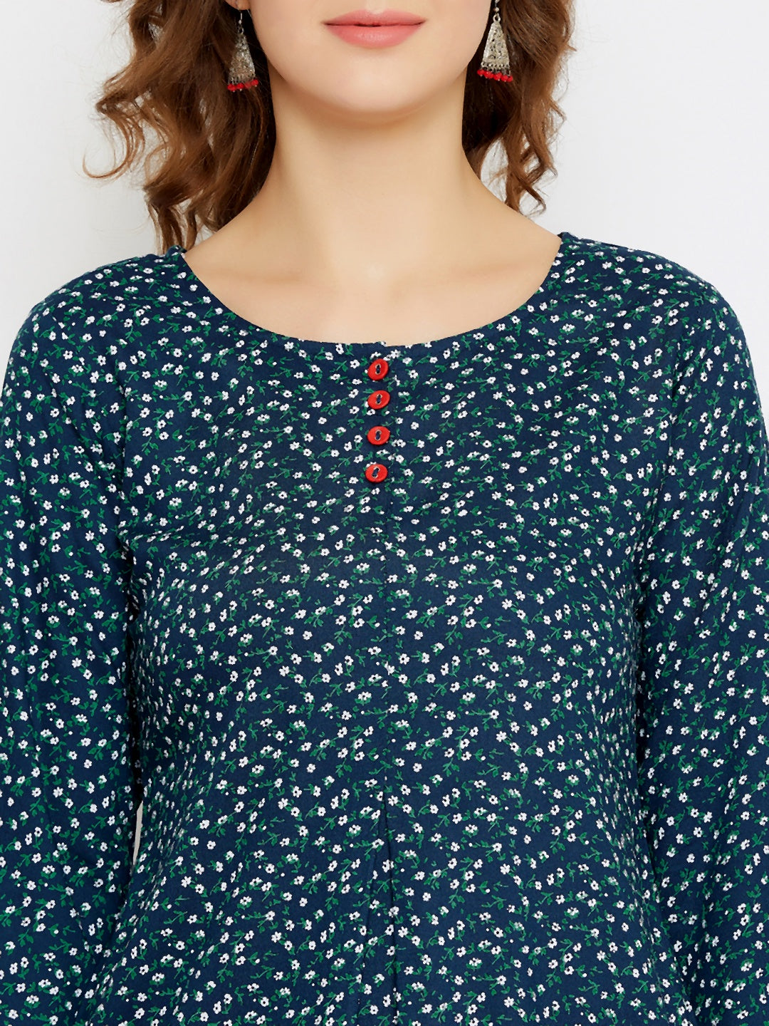 Women Navy Blue & Green Floral Printed Straight Kurti