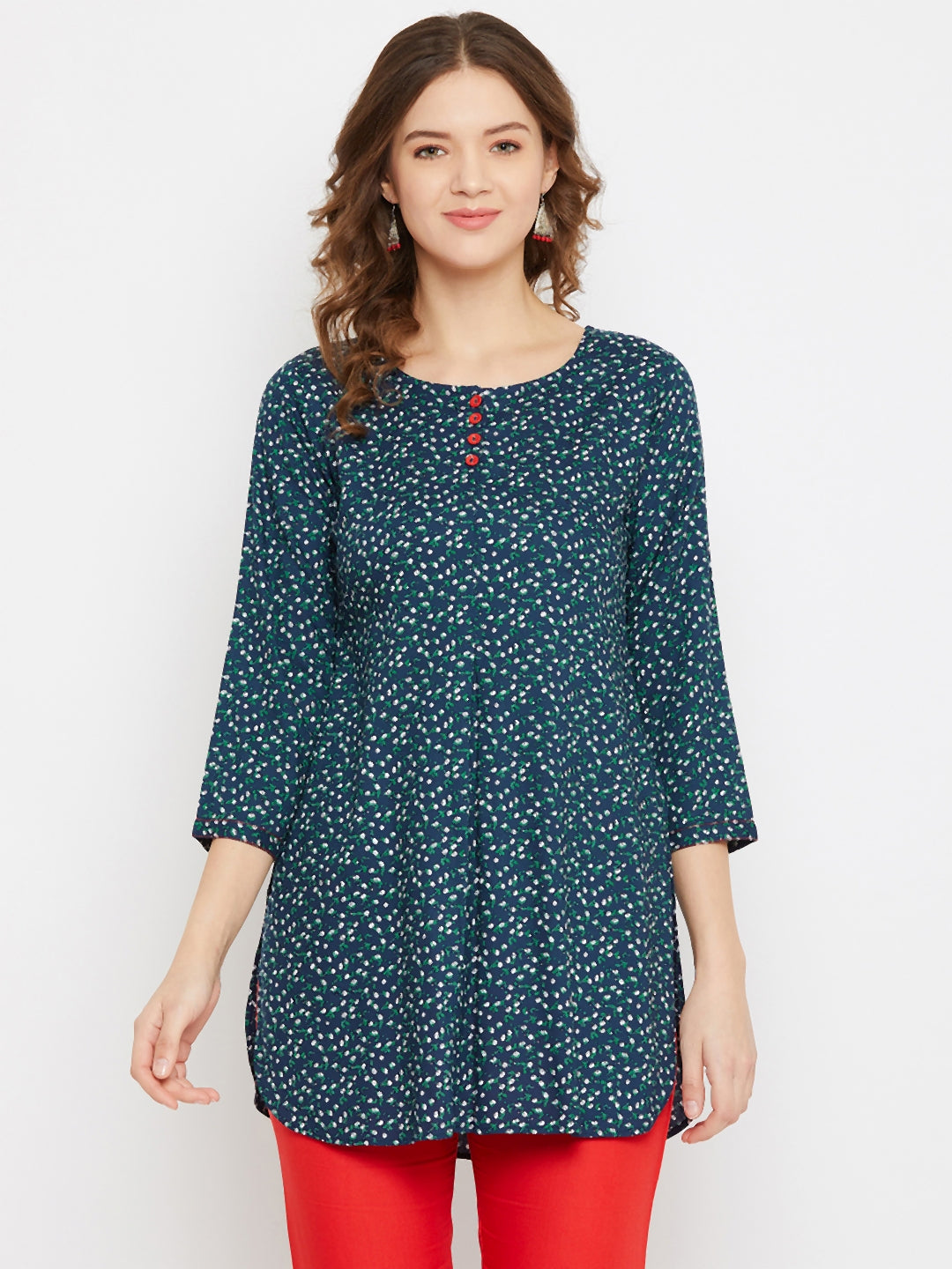 Women Navy Blue & Green Floral Printed Straight Kurti