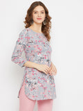 Women Grey & Pink Floral Printed Straight Kurti