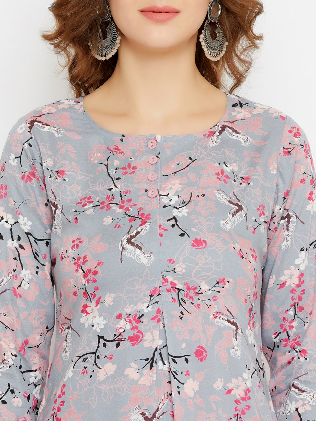 Women Grey & Pink Floral Printed Straight Kurti
