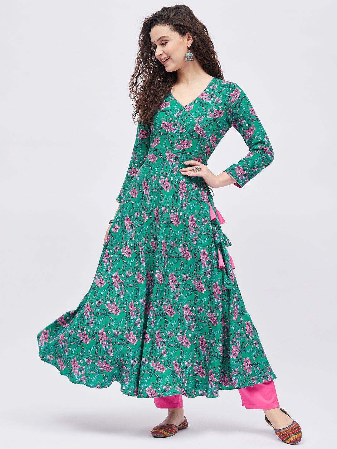 Women Dark Green & Pink Floral Printed Angrakha Kurta