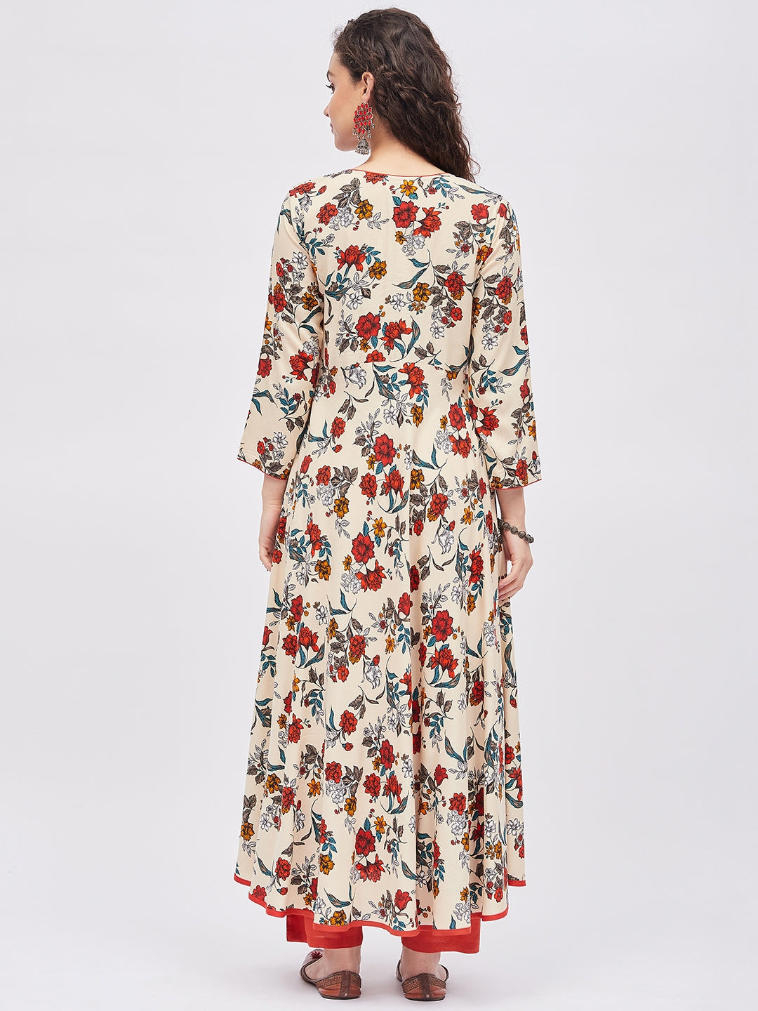 Women Rayon Beige & Orange Floral Printed A-Line Kurta