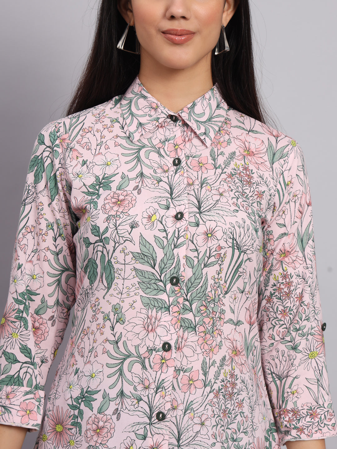 Women Pink & Green Printed Shirt Kurti