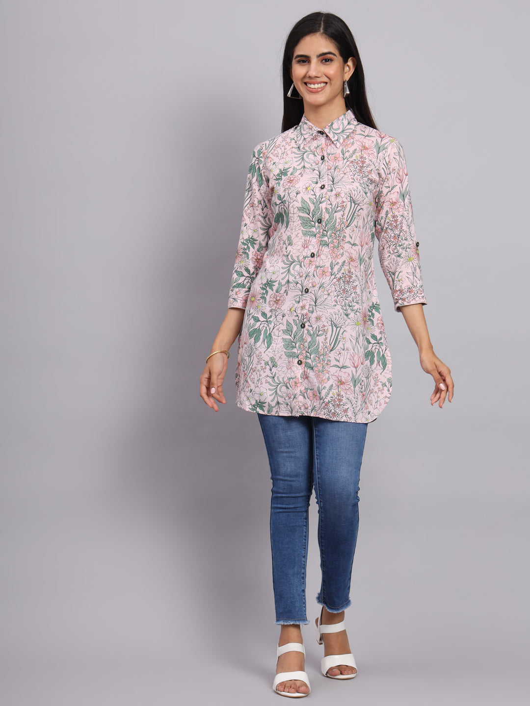 Women Pink & Green Printed Shirt Kurti