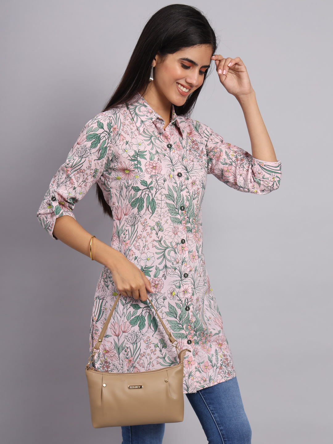 Women Pink & Green Printed Shirt Kurti