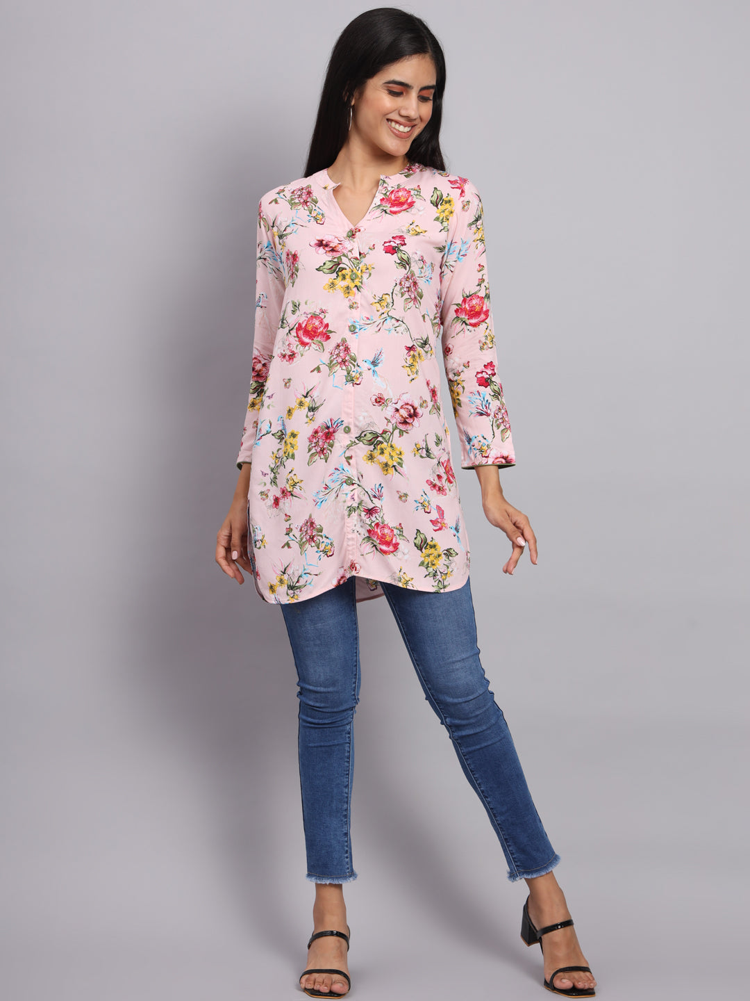 Women Pink & Red Floral Printed Kurti