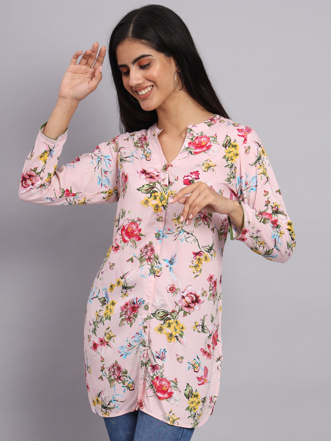 Women Pink & Red Floral Printed Kurti