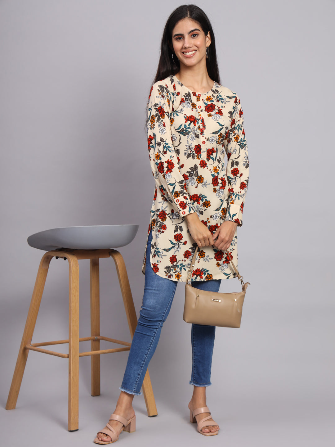 Women Beige & Red Floral Printed Kurti