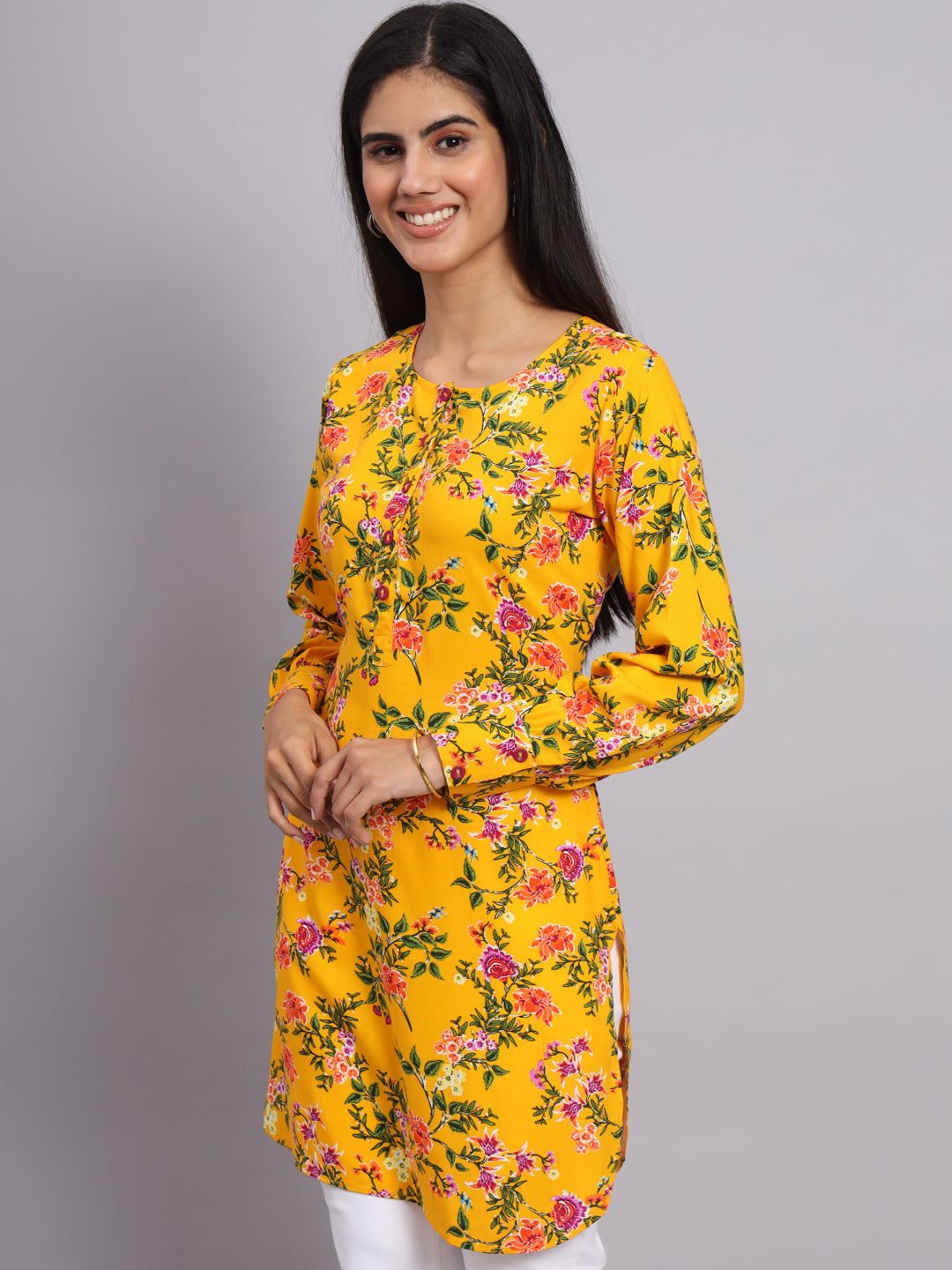 Women Yellow & Green Floral Printed Kurti